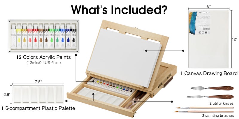 LUCYCAZ Art Easel for Painting, Tabletop Painting Easel Set for Kids, Pine-Wood Portable Easel Stand for Artists with Canvas, Acrylic Paints, Brushes, Palette and Palette Knives for Adults Beginners - Image 2